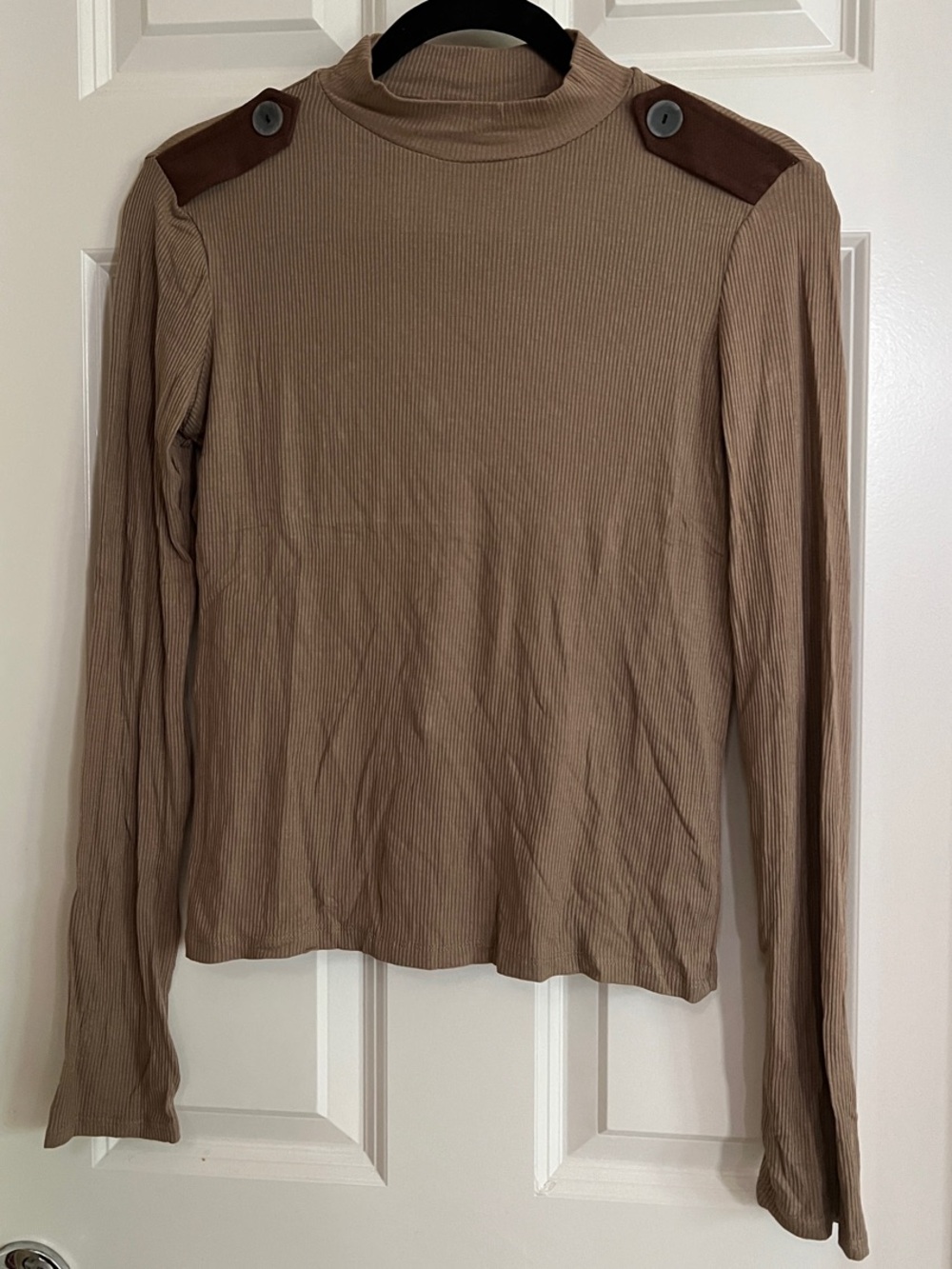 Zara Ribbed Long Sleeve Top in Light Brown with Dark Brown Shoulder Tabs